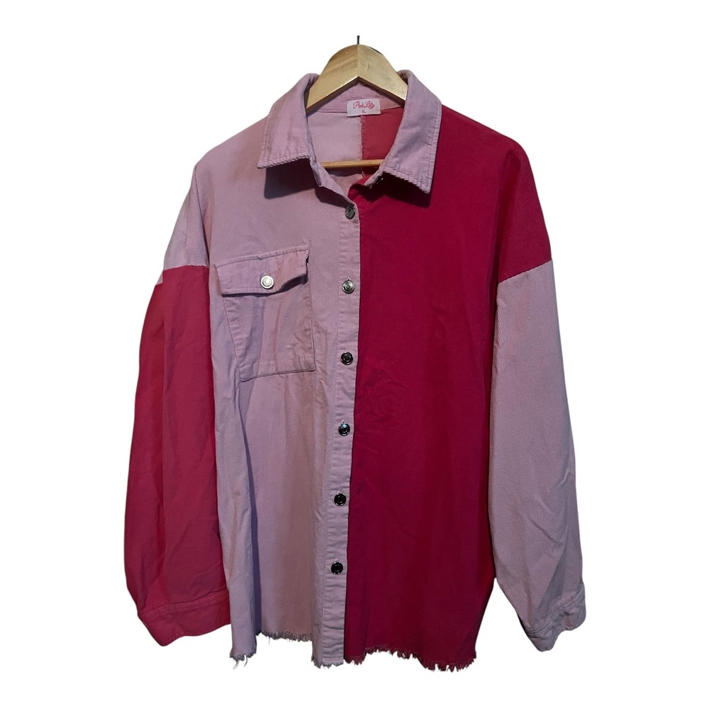 Pink Lily Corduroy Colorblock Shacket Pink Magenta Raw Hem Oversized XL 2202012